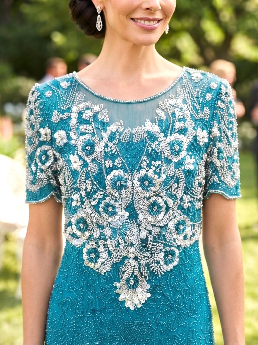 Embellished Teal Maxi Dress with Short Sleeves - Picture 2 of 7